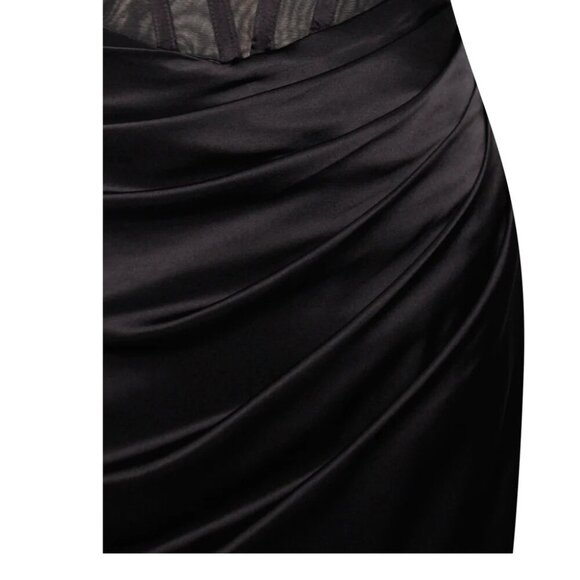 Rina Elegant Black Satin Evening Gown with Feather Shoulder Details High Slit - Picture 4 of 11